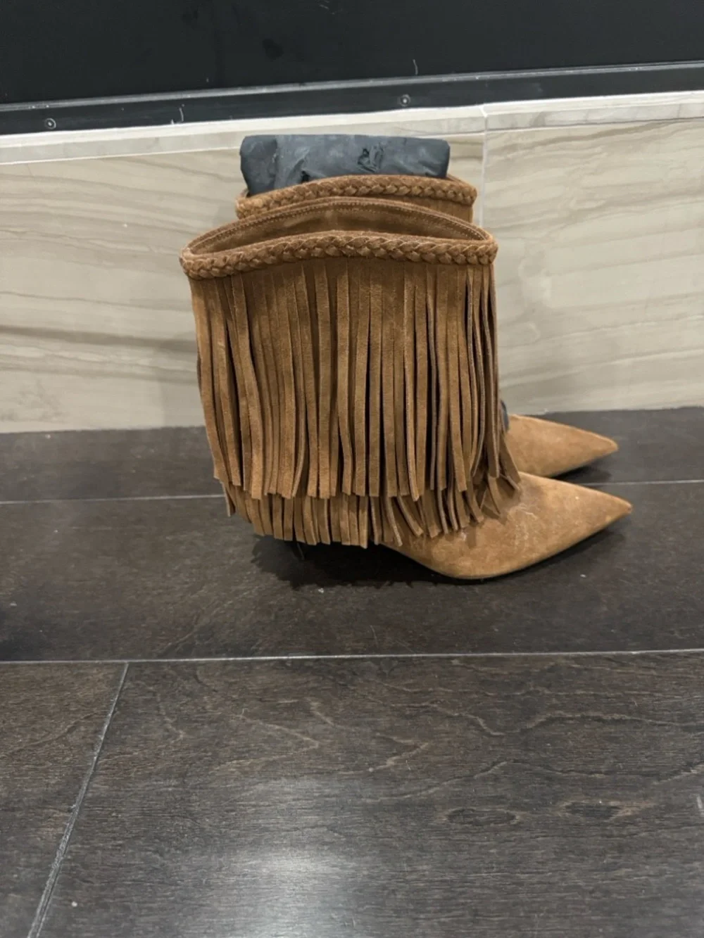 Saint Laurent Tan Suede Fringe Pointed Ankle Boots - Picture 2 of 4